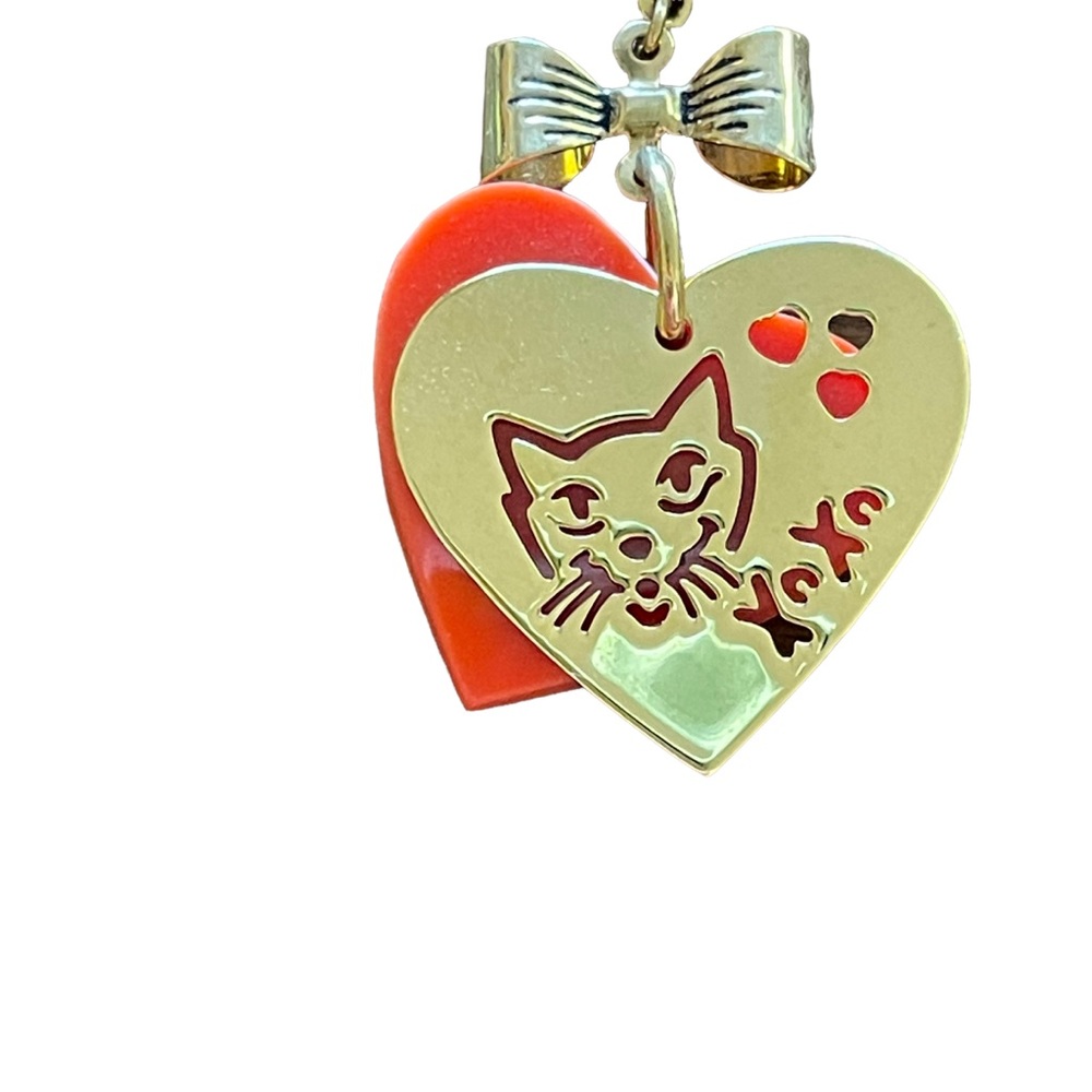 Betsey Johnson Heart Cat Dangle Earrings Gold & Orange Rare XOXO - Picture 7 of 8